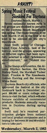 Bandshell on the Beach announcement Variety Weekly magazine with Golden Earring March 17, 1983